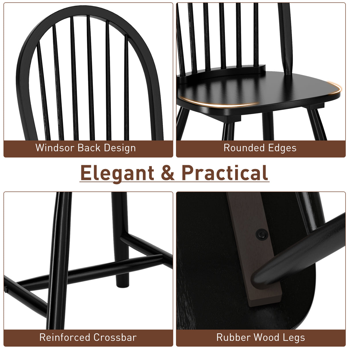 Set of 2 Vintage Windsor Wood Chair with Spindle Back for Dining Room-Black