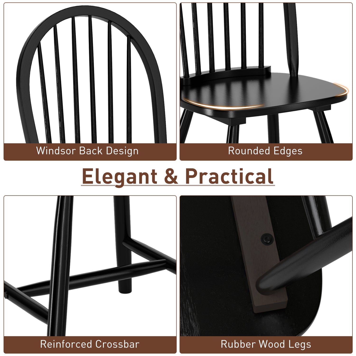 Set of 2 Vintage Windsor Wood Chair with Spindle Back for Dining Room-Black