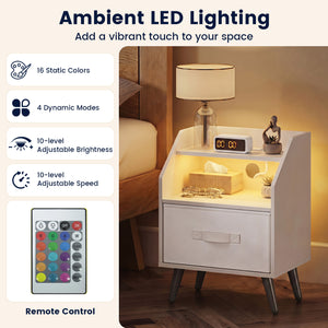 Set Of 2 Nightstands with LED Lights and Power Outlets for Living Room-White
