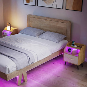 Set Of 2 Nightstands with LED Lights and Power Outlets for Living Room-Natrual