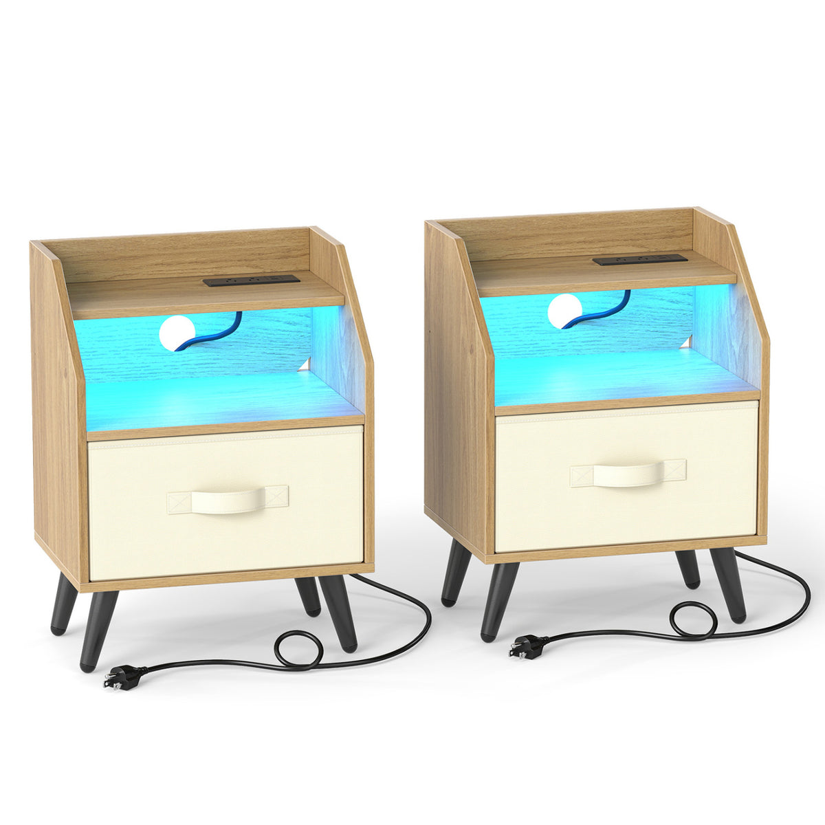 Set Of 2 Nightstands with LED Lights and Power Outlets for Living Room-Natrual