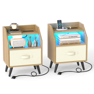 Set Of 2 Nightstands with LED Lights and Power Outlets for Living Room-Natrual