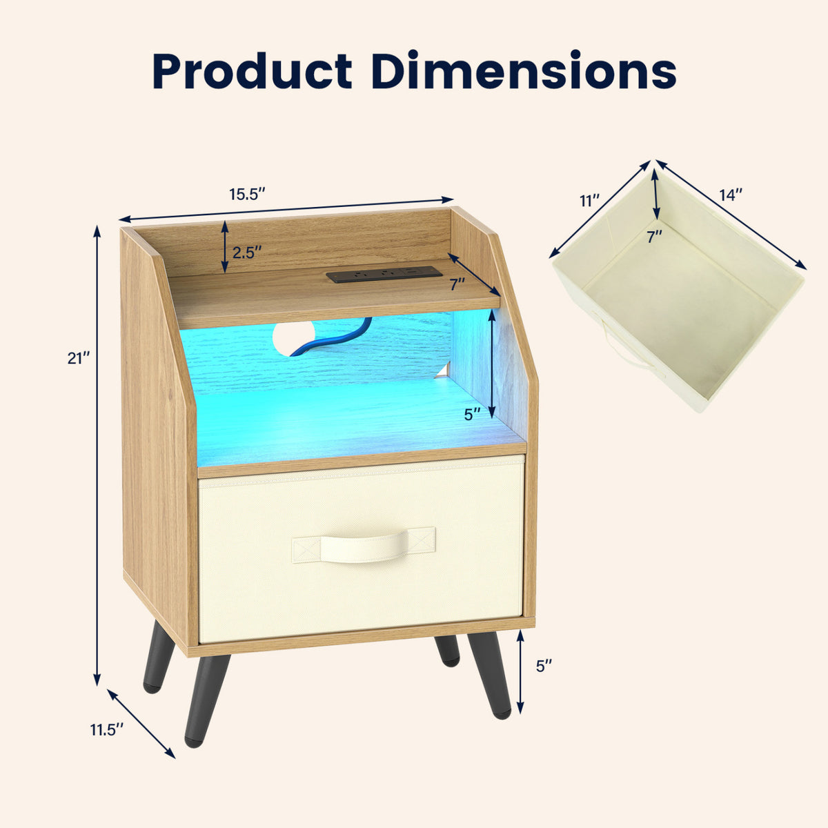 Set Of 2 Nightstands with LED Lights and Power Outlets for Living Room-Natrual