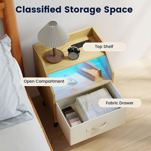 Set Of 2 Nightstands with LED Lights and Power Outlets for Living Room-Natrual