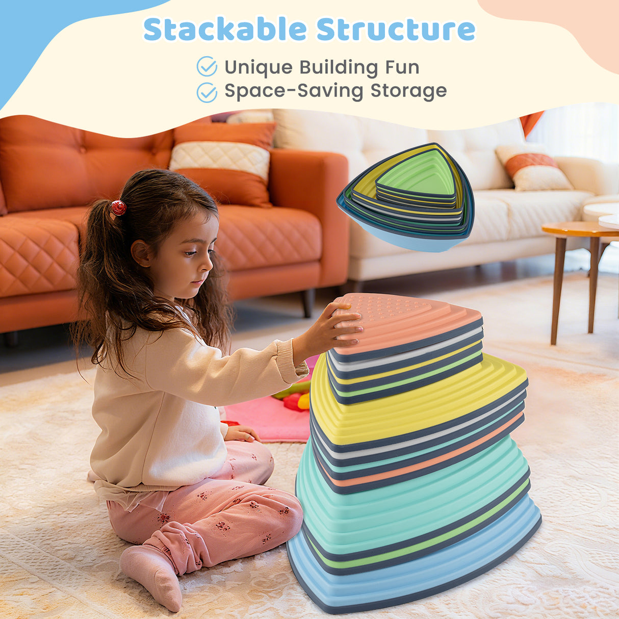 Set of 11 Stepping Stones for Kids Non-Slip Balance Stones with Storage Bag-Set of 11