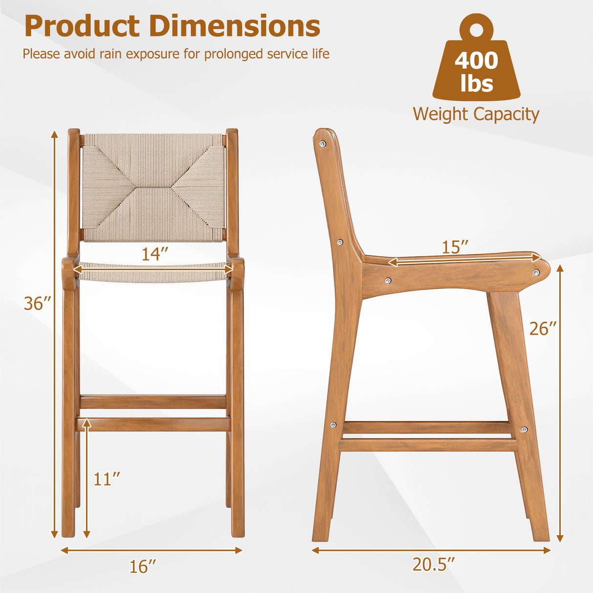 Set of 1 Outdoor Counter Height Bar Stool Woven Paper Rope Patio Barstool with Teak Wood Frame