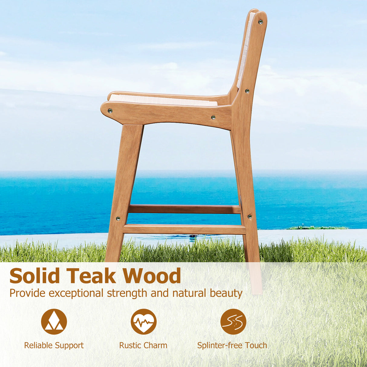 Set of 1 Outdoor Counter Height Bar Stool Woven Paper Rope Patio Barstool with Teak Wood Frame