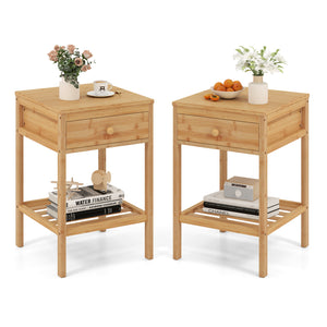 Set of 1/2 Bamboo Nightstand Bedside Table with Storage Drawer and Open Shelf-2 pieces