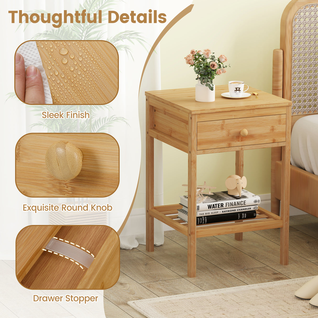 Set of 1/2 Bamboo Nightstand Bedside Table with Storage Drawer and Open Shelf-2 pieces