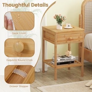 Set of 1/2 Bamboo Nightstand Bedside Table with Storage Drawer and Open Shelf-2 pieces