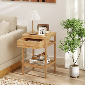 Set of 1/2 Bamboo Nightstand Bedside Table with Storage Drawer and Open Shelf-2 pieces