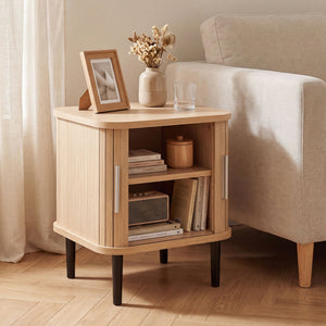 Set of 1 Fluted Nightstand with Sliding Doors and Adjustable Shelf for Small Spaces-Natural
