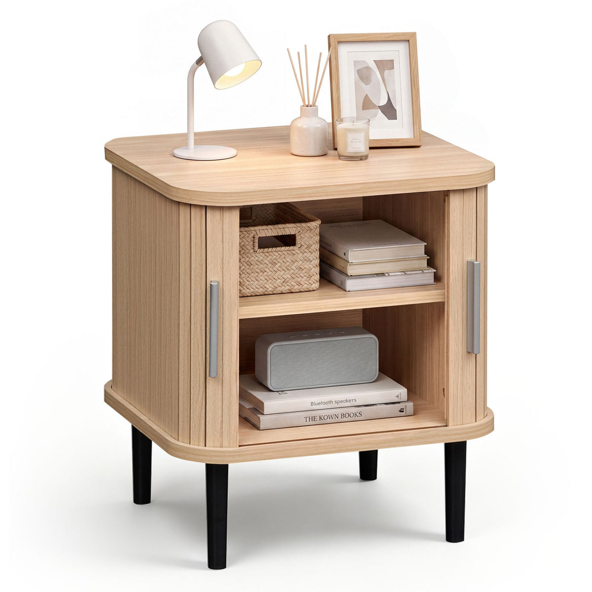Set of 1 Fluted Nightstand with Sliding Doors and Adjustable Shelf for Small Spaces-Natural