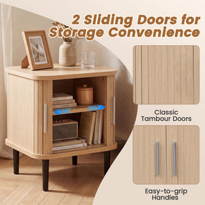 Set of 1 Fluted Nightstand with Sliding Doors and Adjustable Shelf for Small Spaces-Natural