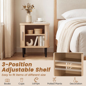 Set of 1 Fluted Nightstand with Sliding Doors and Adjustable Shelf for Small Spaces-Natural