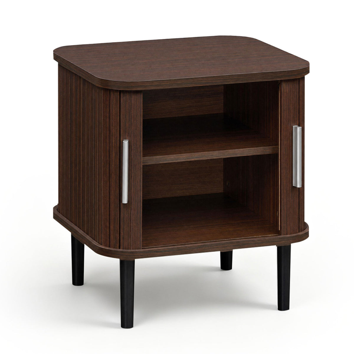 Set of 1 Fluted Nightstand with Sliding Doors and Adjustable Shelf for Small Spaces-Walnut