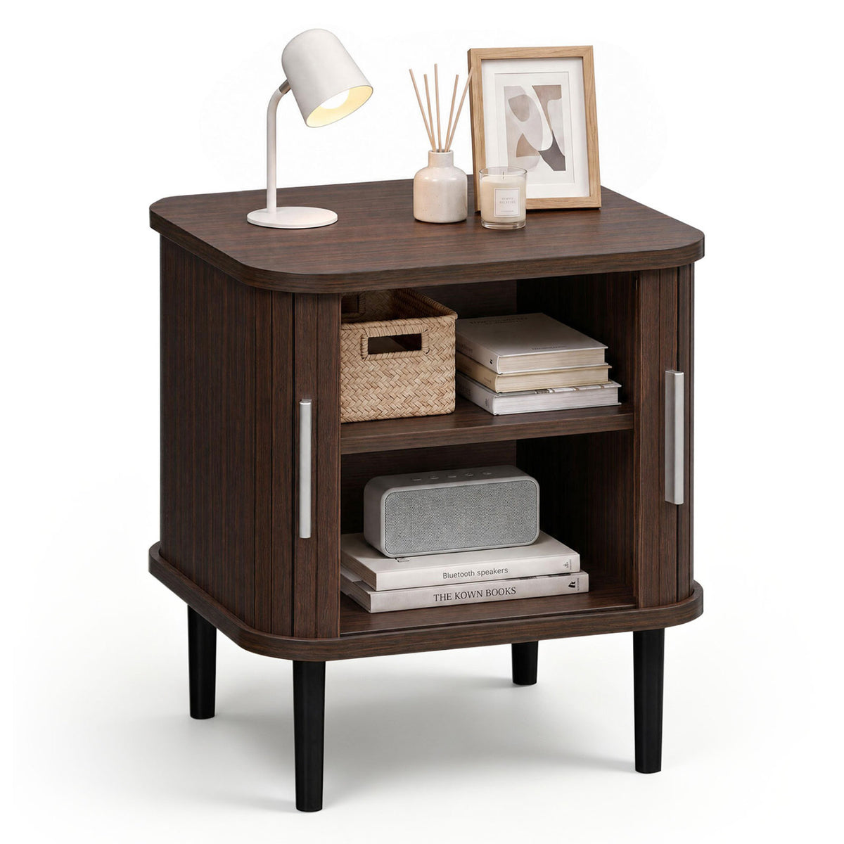 Set of 1 Fluted Nightstand with Sliding Doors and Adjustable Shelf for Small Spaces-Walnut