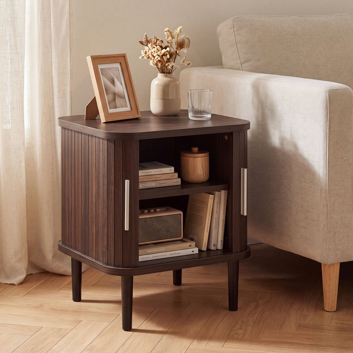 Set of 1 Fluted Nightstand with Sliding Doors and Adjustable Shelf for Small Spaces-Walnut