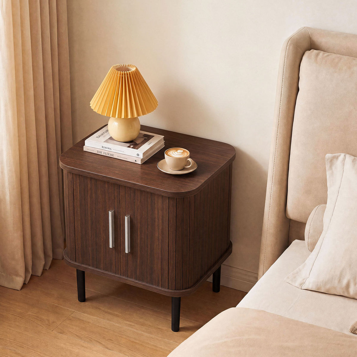 Set of 1 Fluted Nightstand with Sliding Doors and Adjustable Shelf for Small Spaces-Walnut