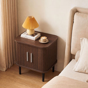 Set of 1 Fluted Nightstand with Sliding Doors and Adjustable Shelf for Small Spaces-Walnut