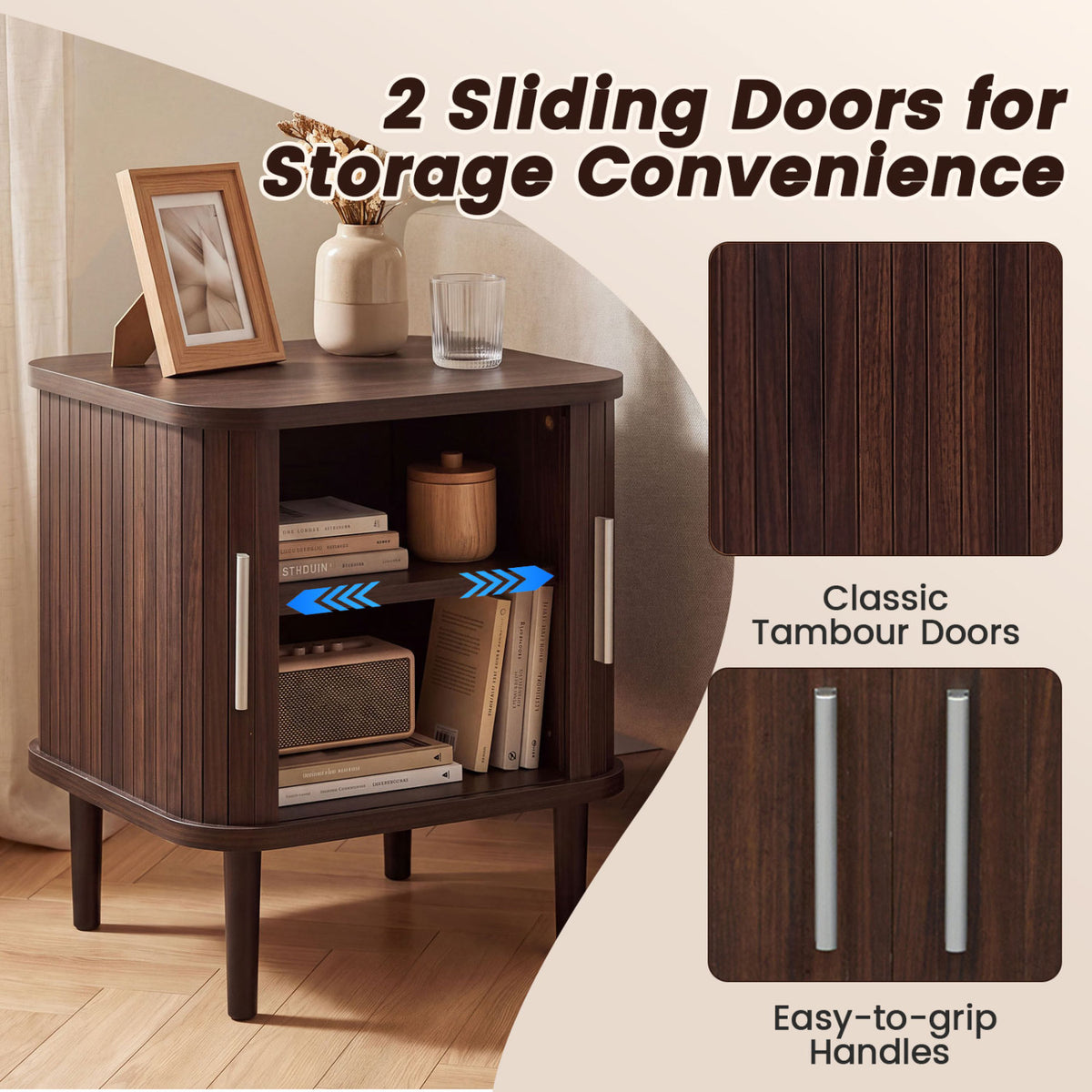 Set of 1 Fluted Nightstand with Sliding Doors and Adjustable Shelf for Small Spaces-Walnut