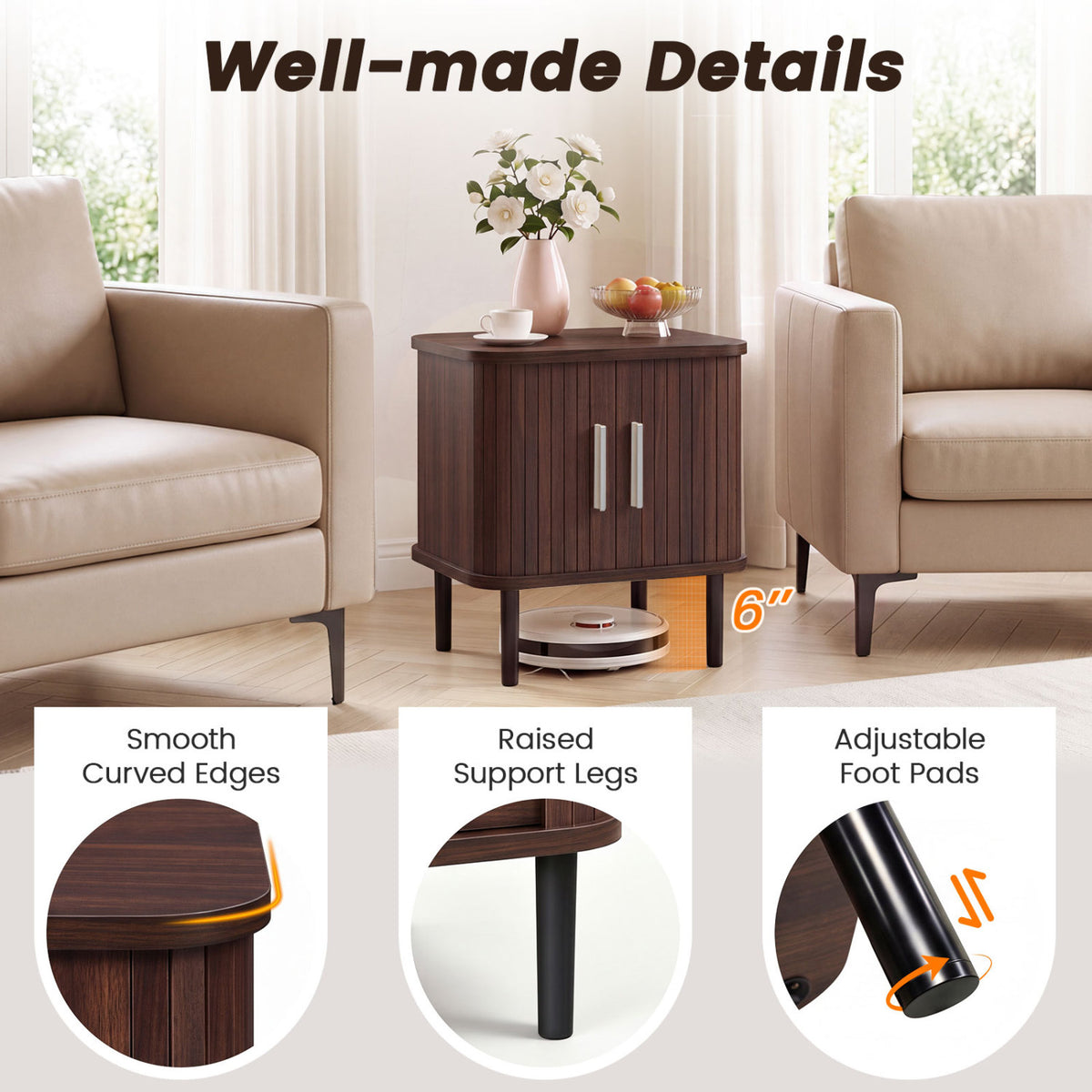 Set of 1 Fluted Nightstand with Sliding Doors and Adjustable Shelf for Small Spaces-Walnut