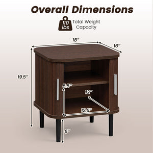 Set of 1 Fluted Nightstand with Sliding Doors and Adjustable Shelf for Small Spaces-Walnut