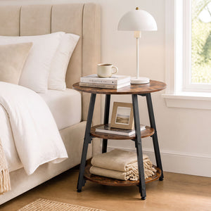 Set of 1 Industrial Side Tables with 3-Tier Shelves & Metal Frame for Small Space-Rustic Brown