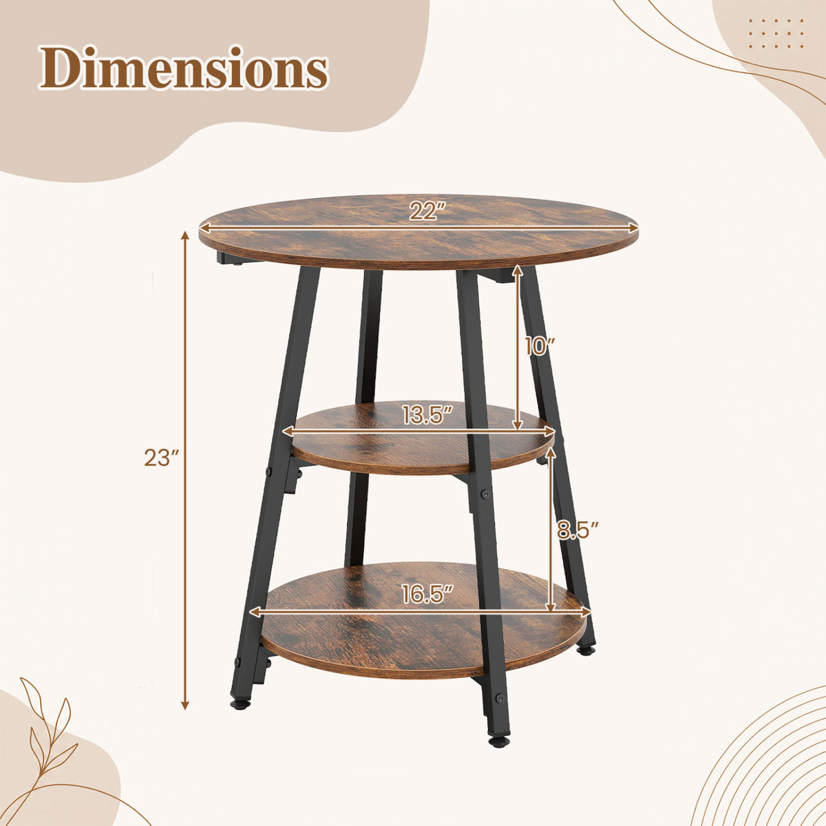 Set of 1 Industrial Side Tables with 3-Tier Shelves & Metal Frame for Small Space-Rustic Brown