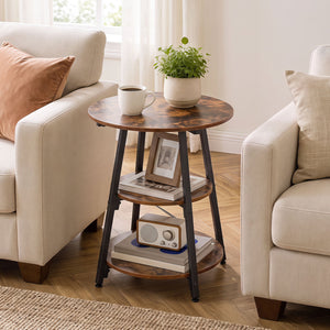 Set of 1 Industrial Side Tables with 3-Tier Shelves & Metal Frame for Small Space-Rustic Brown