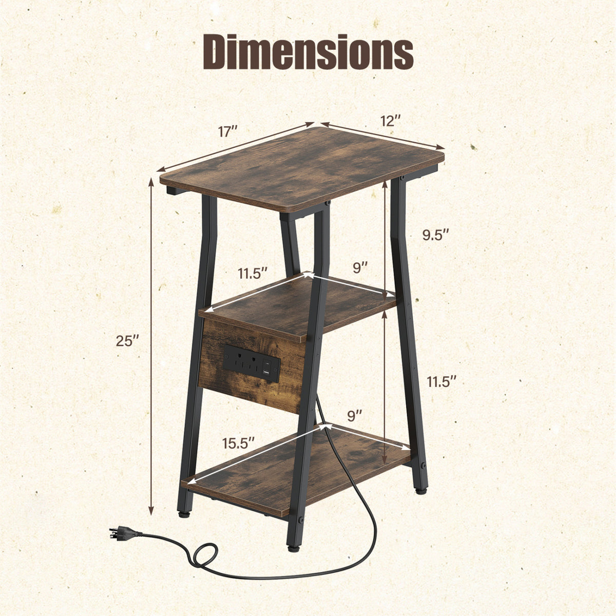 Set of 1 Industrial Side Tables with Charging Station & 3-Tier Shelves for Small Space-Rustic Brown