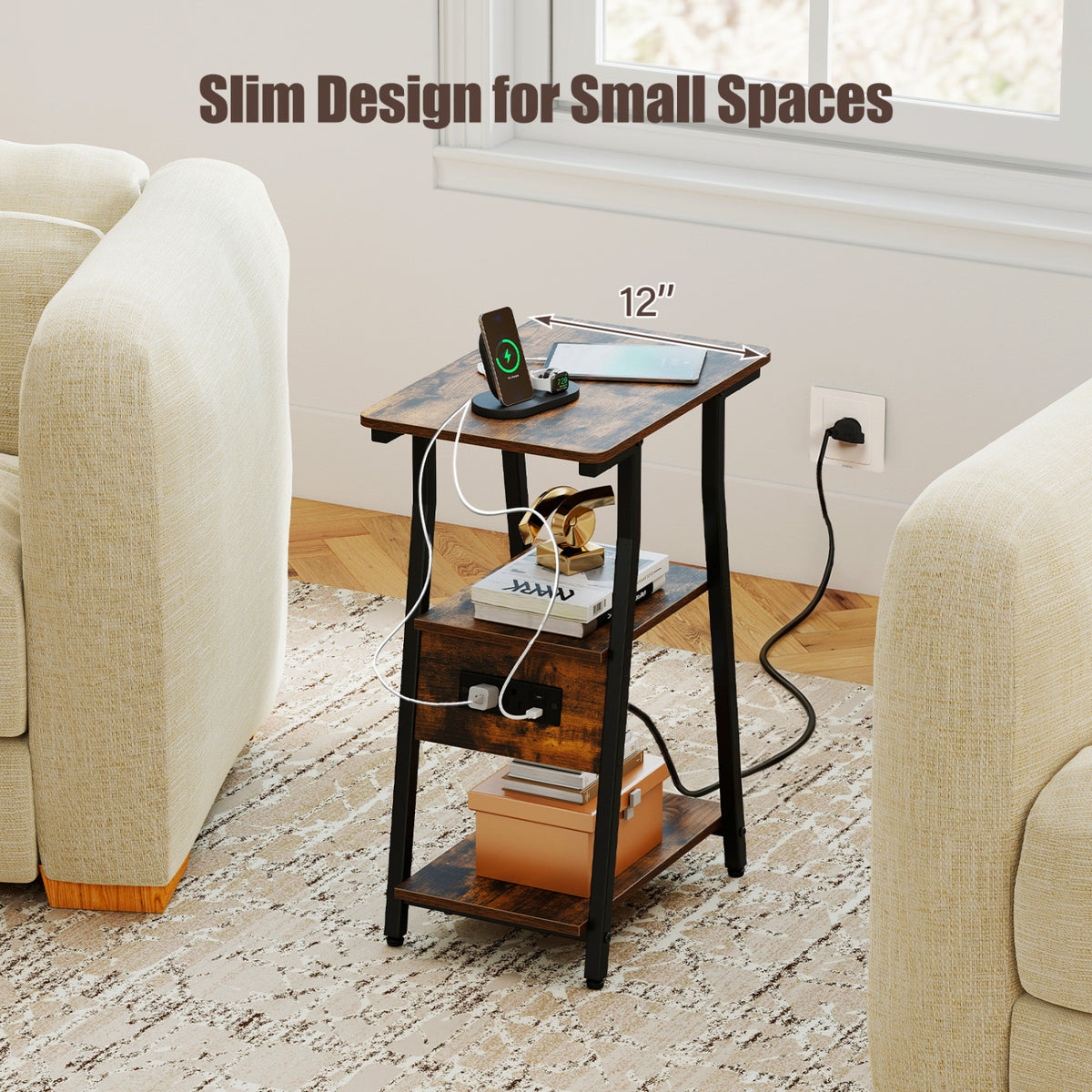 Set of 1 Industrial Side Tables with Charging Station & 3-Tier Shelves for Small Space-Rustic Brown