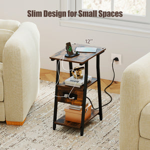 Set of 1 Industrial Side Tables with Charging Station & 3-Tier Shelves for Small Space-Rustic Brown
