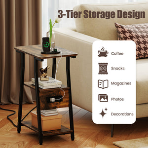 Set of 1 Industrial Side Tables with Charging Station & 3-Tier Shelves for Small Space-Rustic Brown