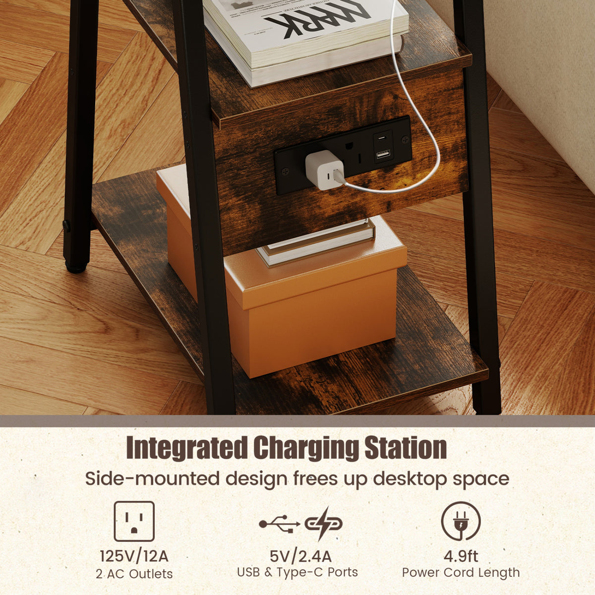 Set of 1 Industrial Side Tables with Charging Station & 3-Tier Shelves for Small Space-Rustic Brown
