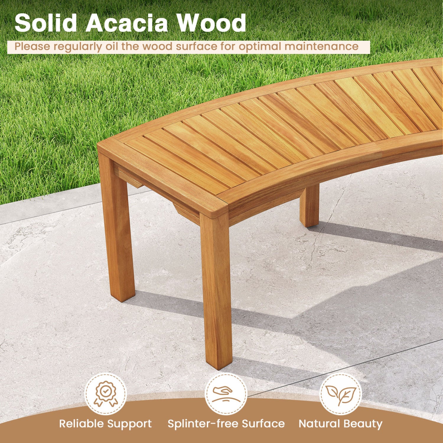 Set of 1 Outdoor Bench Acacia Wood Curved Garden Bench 2-Person