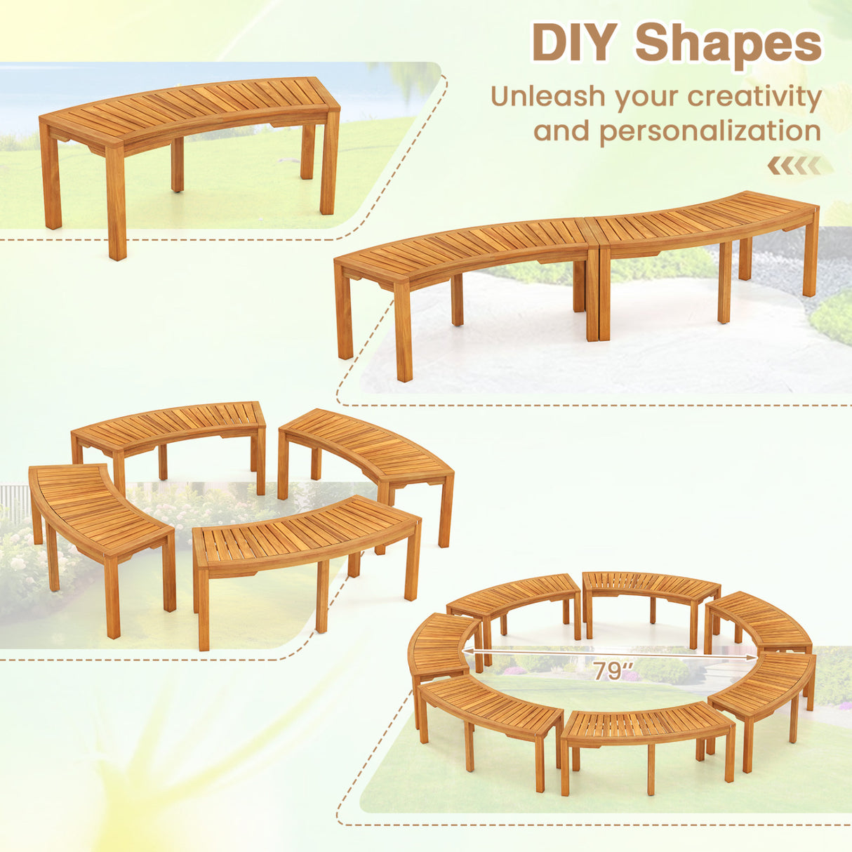 Set of 1 Outdoor Bench Acacia Wood Curved Garden Bench 2-Person