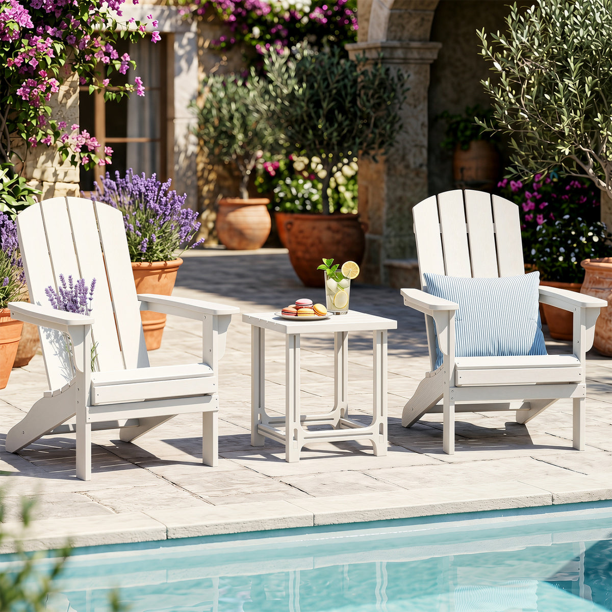 Set of 2 18 Inch Outdoor Adirondack Side Table with Slatted Surface-White