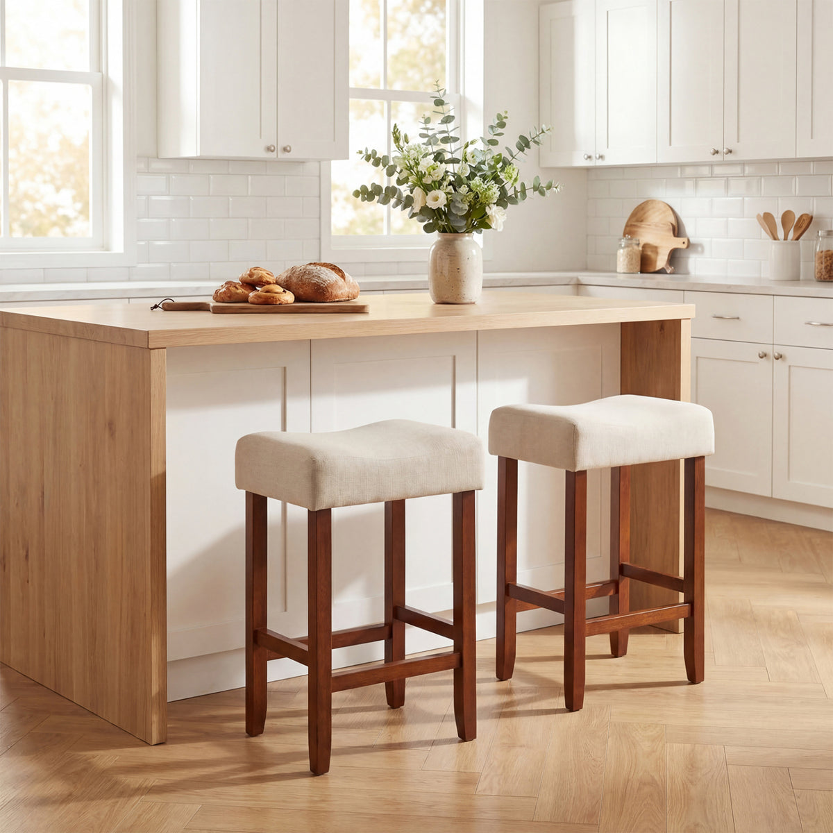 Set of 2 24 Inch Bar Stool with Curved Seat Cushions-Off White