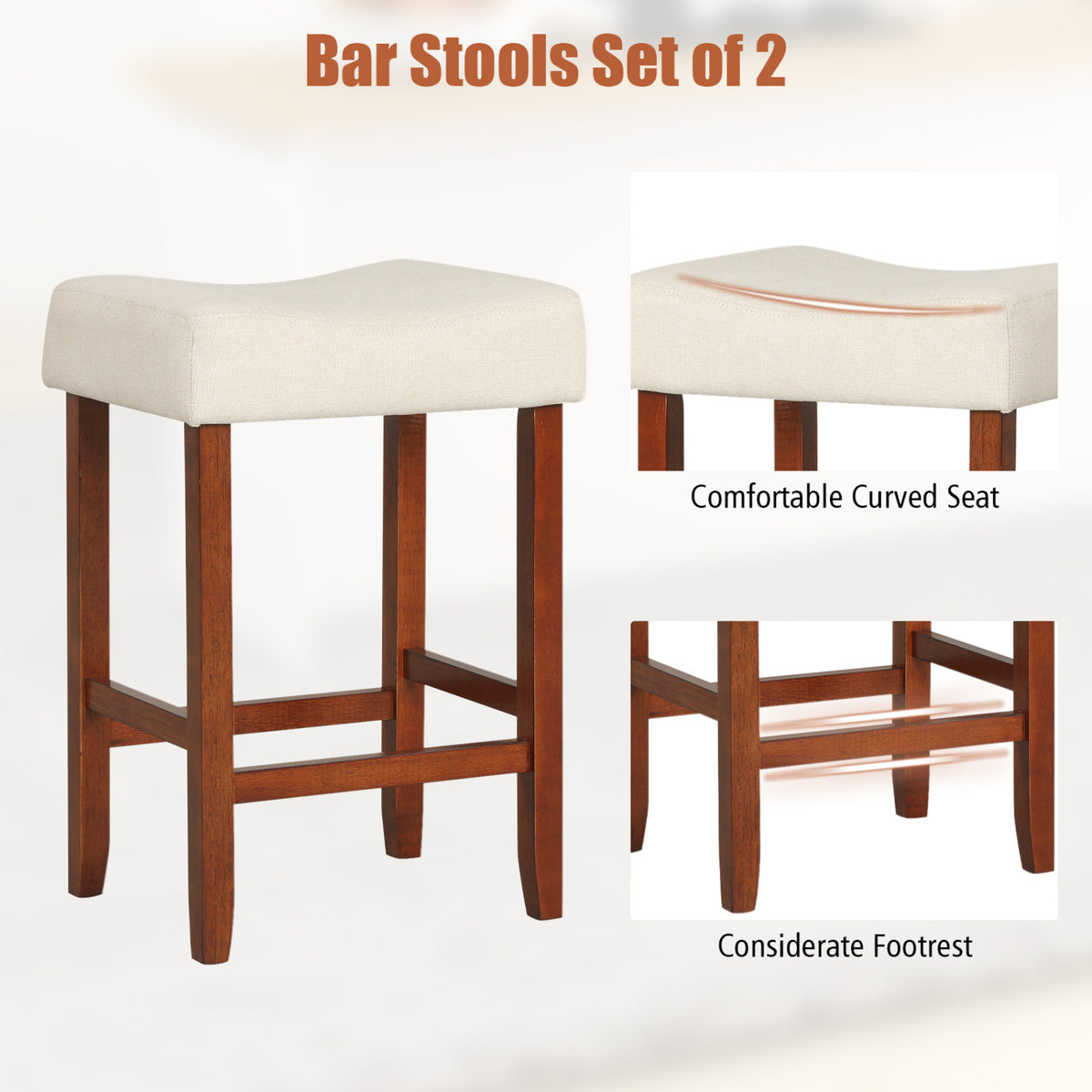 Set of 2 24 Inch Bar Stool with Curved Seat Cushions-Off White