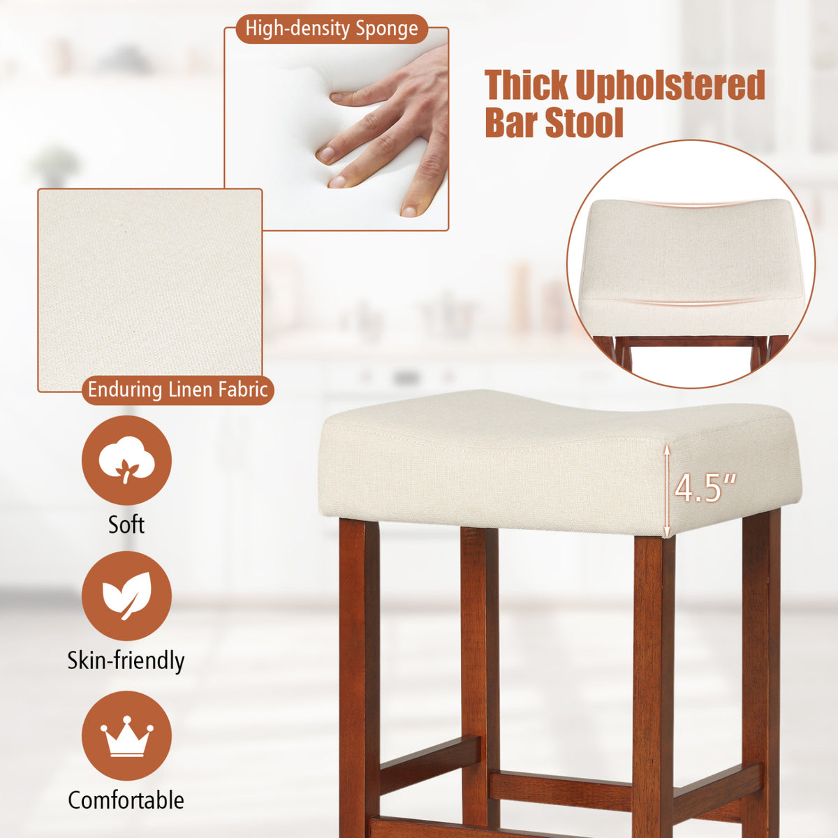 Set of 2 24 Inch Bar Stool with Curved Seat Cushions-Off White
