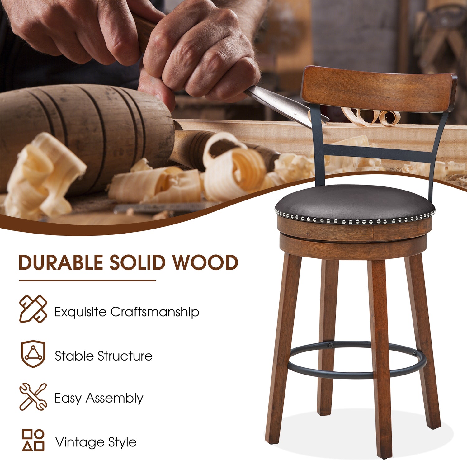 Set of 2 30.5 Inch Swivel Pub Height Bar Stool