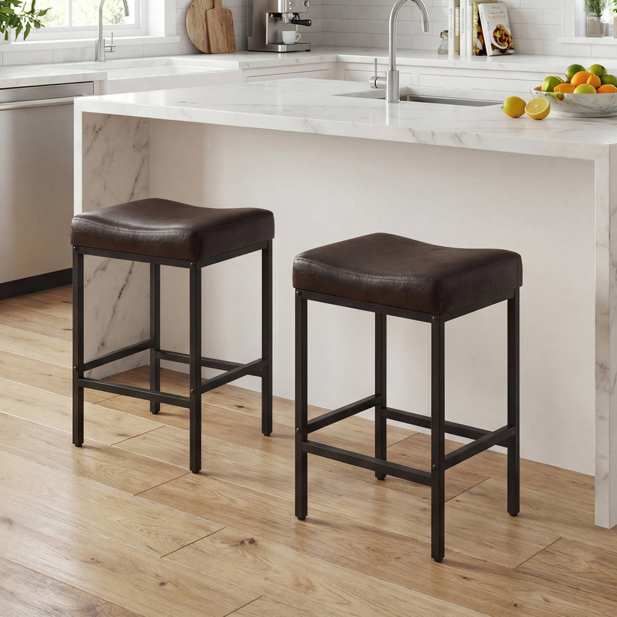 Set of 2 25 Inch Counter Height Bar Chairs for Kitchen Island-Brown