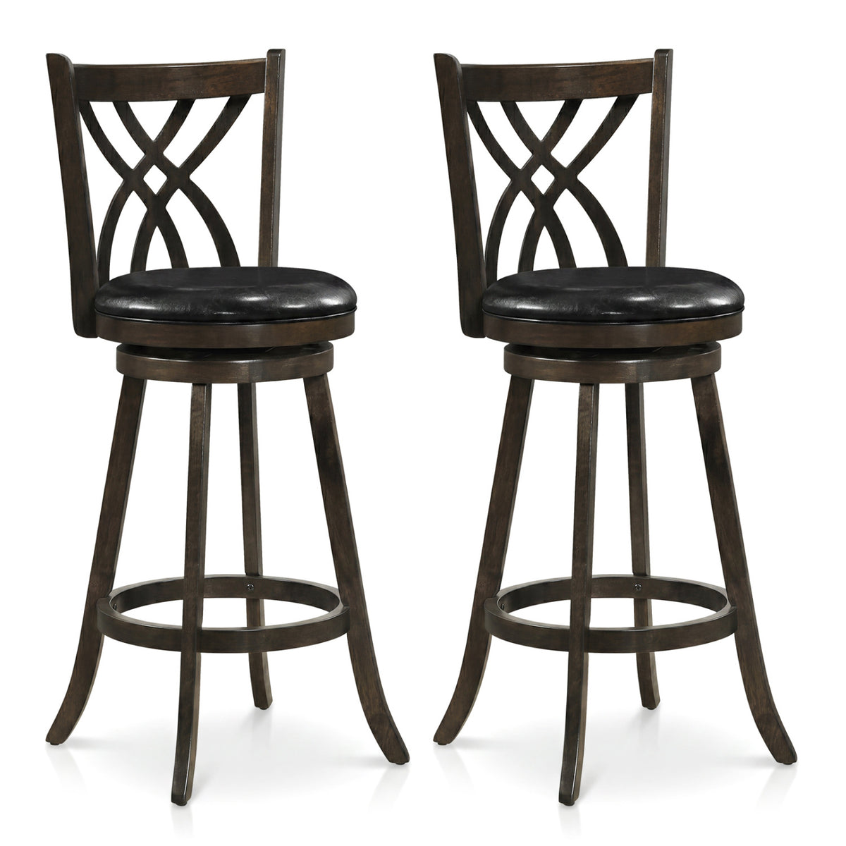 Set of 2 29" Counter Height Bar Stools with Rubber Wood Frame and Hollowed Backrest-Gray