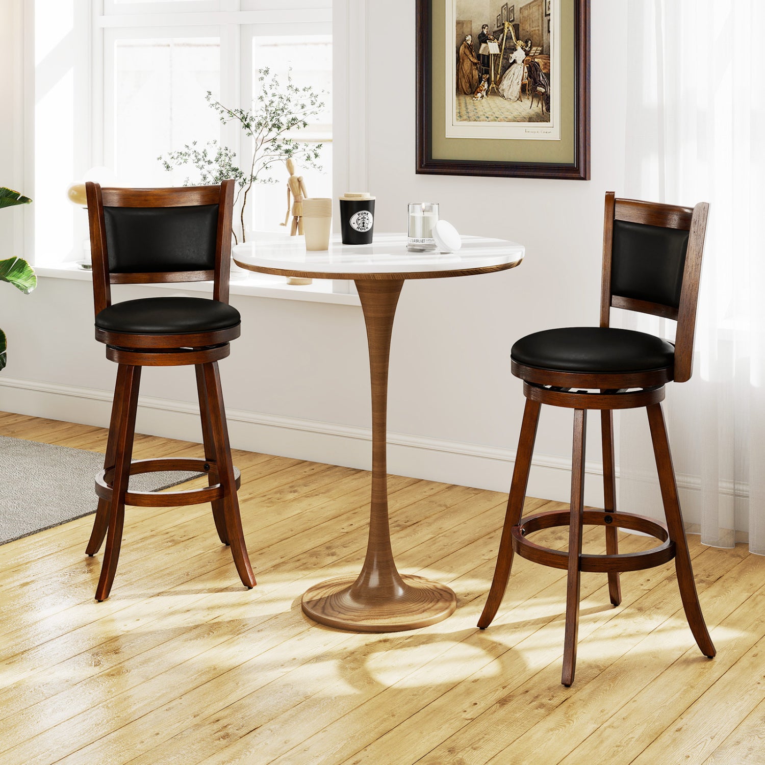 Set of 2 29 Inch Swivel Bar Height Stool Wood Dining Chair Barstool-Brown