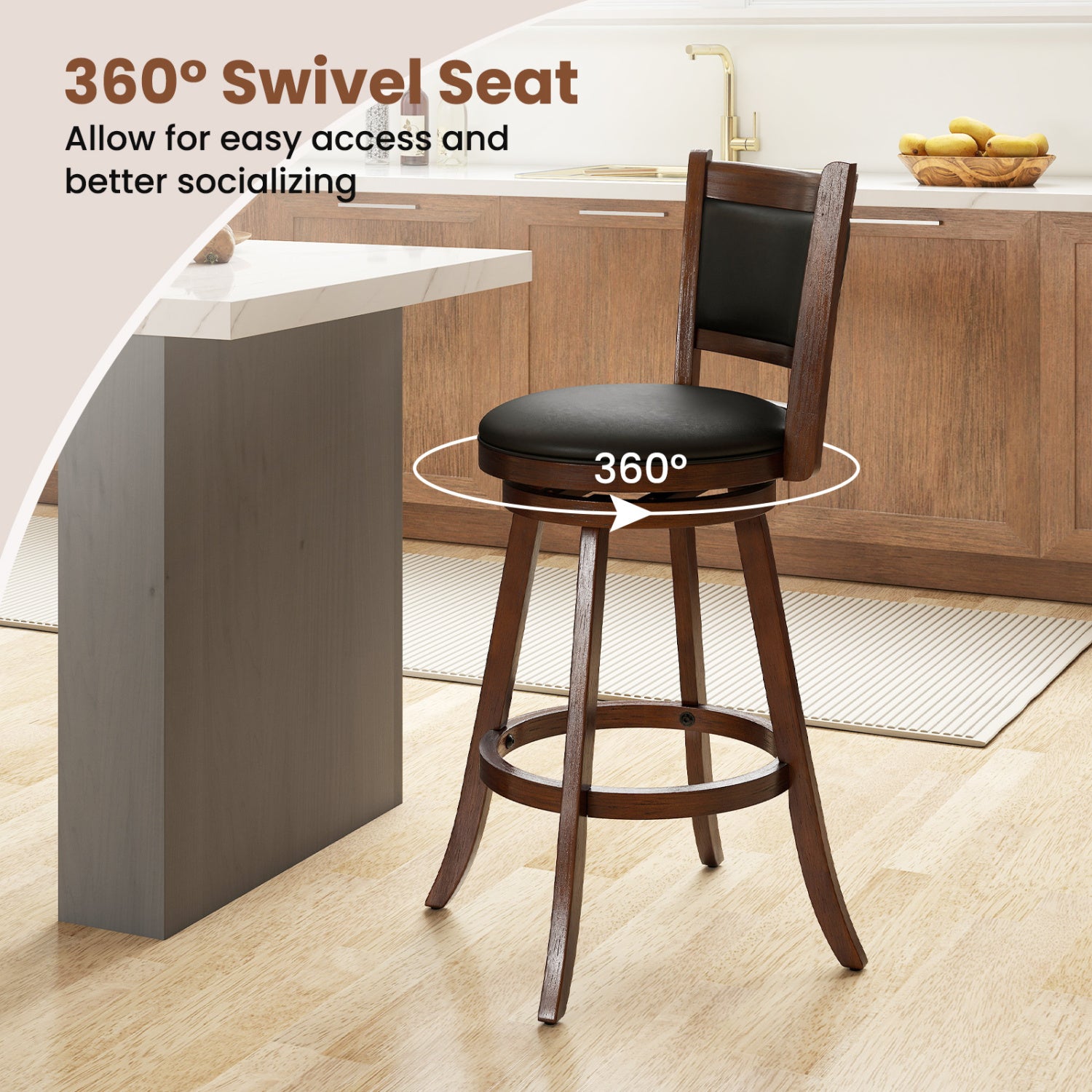 Set of 2 29 Inch Swivel Bar Height Stool Wood Dining Chair Barstool-Brown