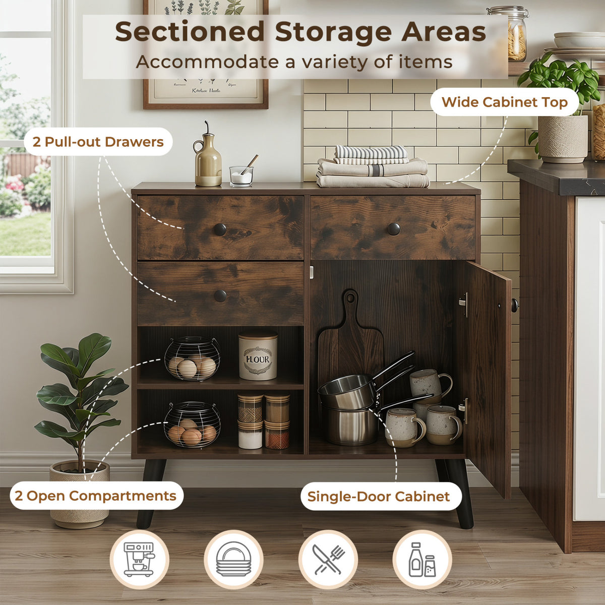 Set of 2 31" Buffet Cabinet with 2 Drawers and Open Compartments for Kitchen-Rustic Brown