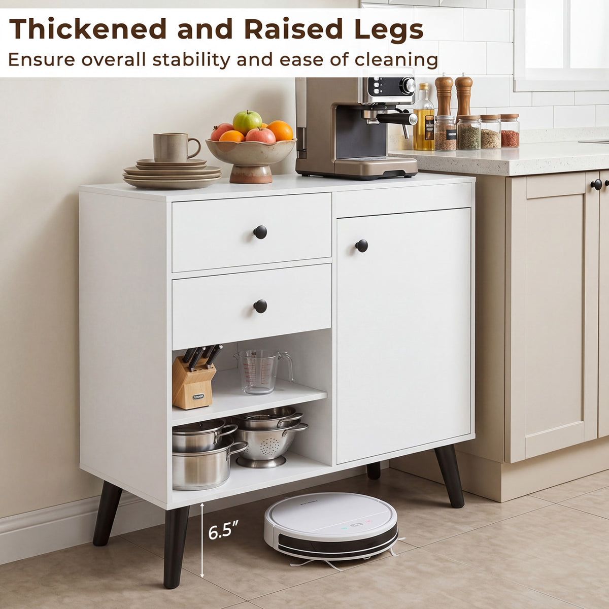 Set of 2 31" Buffet Cabinet with 2 Drawers and Open Compartments for Kitchen-White