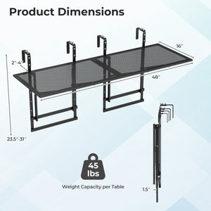 Set of 2 48" Balcony Railing Table with 5-Level Adjustable Height for Patio and Deck-Black
