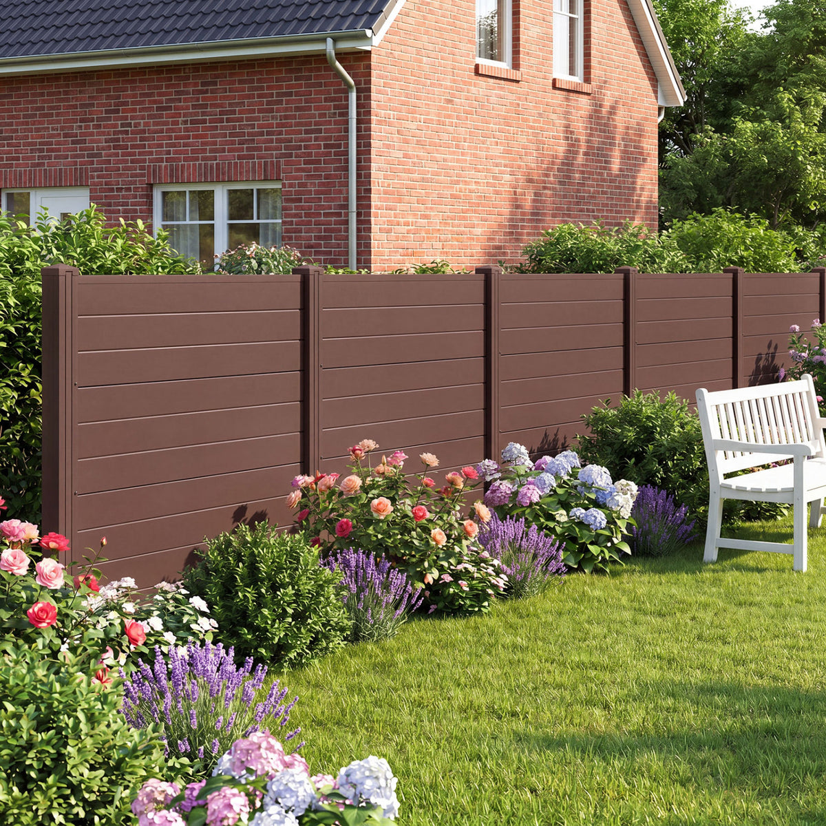 Set of 2 48 x 38 Inch Air Conditioner Fence 2 Panels with Metal Ground Stakes-Brown